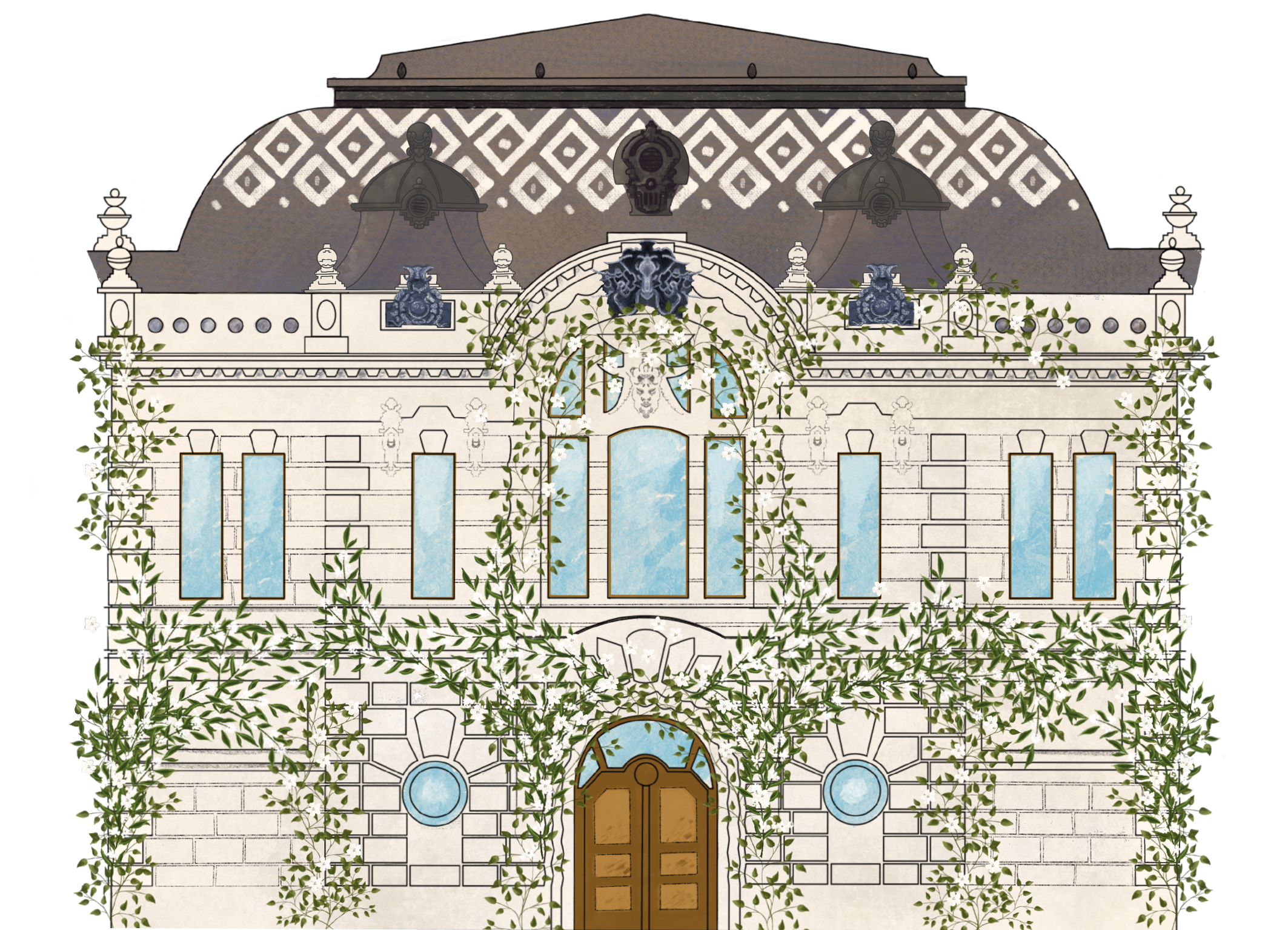 Illustrated venue wedding invitation